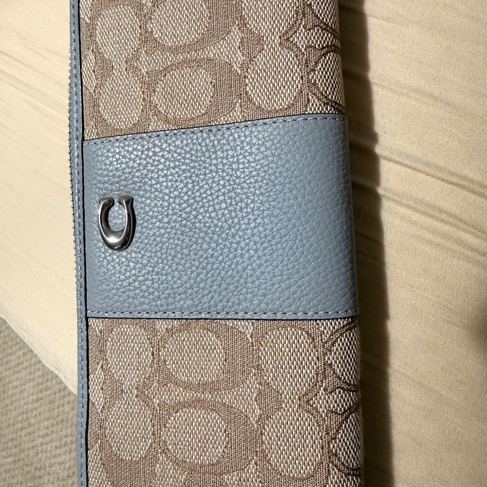 Beige and blue Clutch with Logo Accent